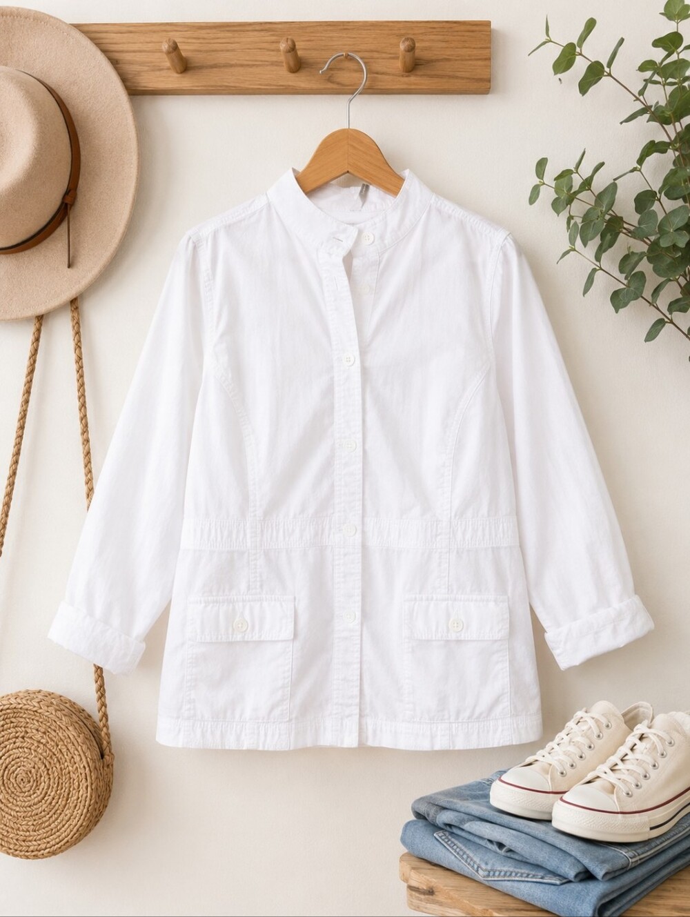 Pennington Plus Size 2x: Classic White Light Weight Utility Jacket Stand Collar